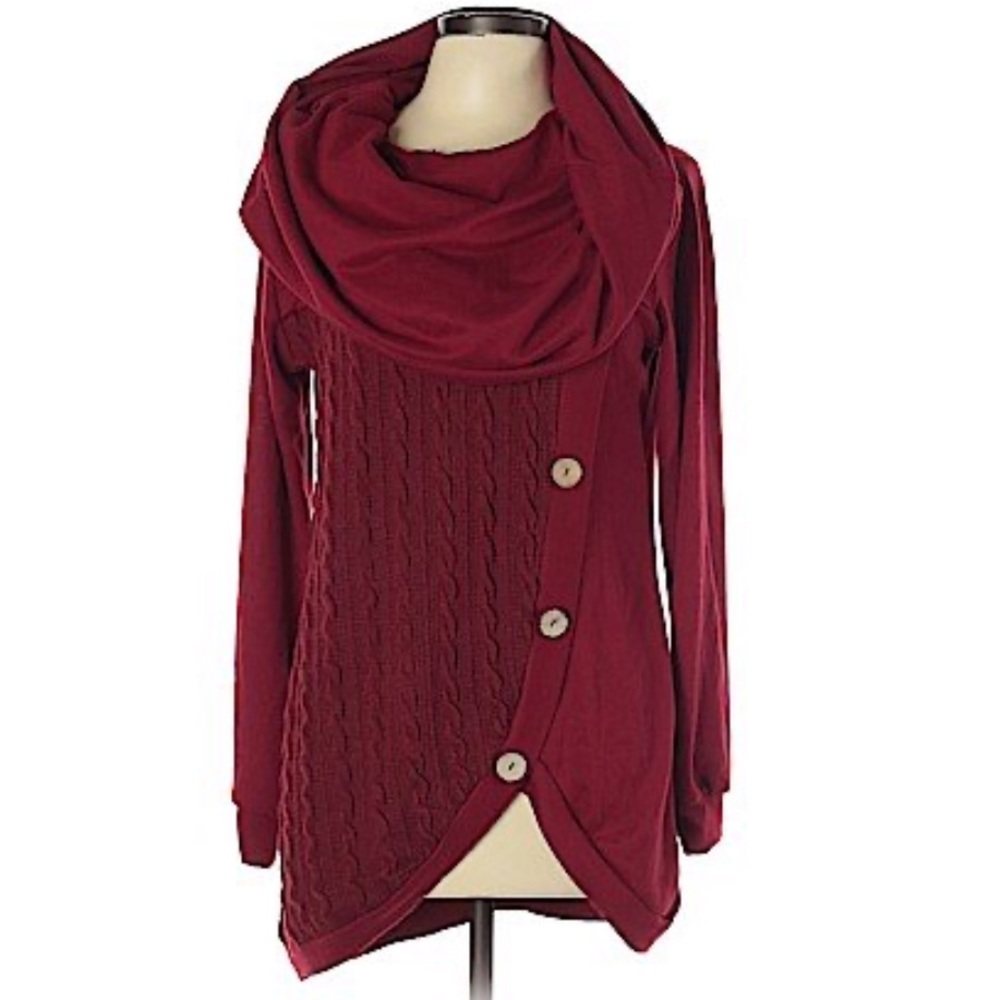 RED & BURGUNDY COWL NECK PULLOVER SWEATER
